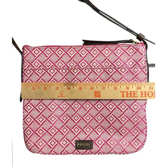 Fossil Purse Pink White Straw Leather Trim Crossbody Bag - Picture 9 of 10